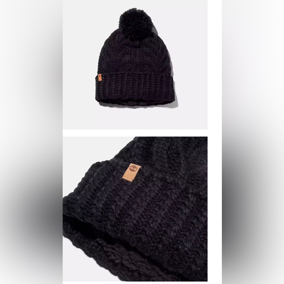 Timberland Women’s Black Autumn Woods Cable Cozy Fleece lined Beanie W/Pom NEW - Picture 2 of 8